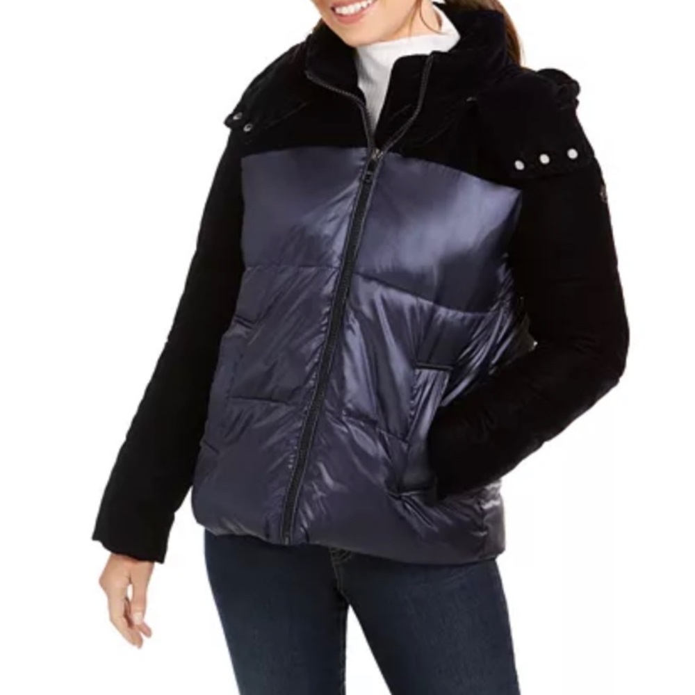 Calvin Klein Velvet-Trim Hooded Puffer Coat